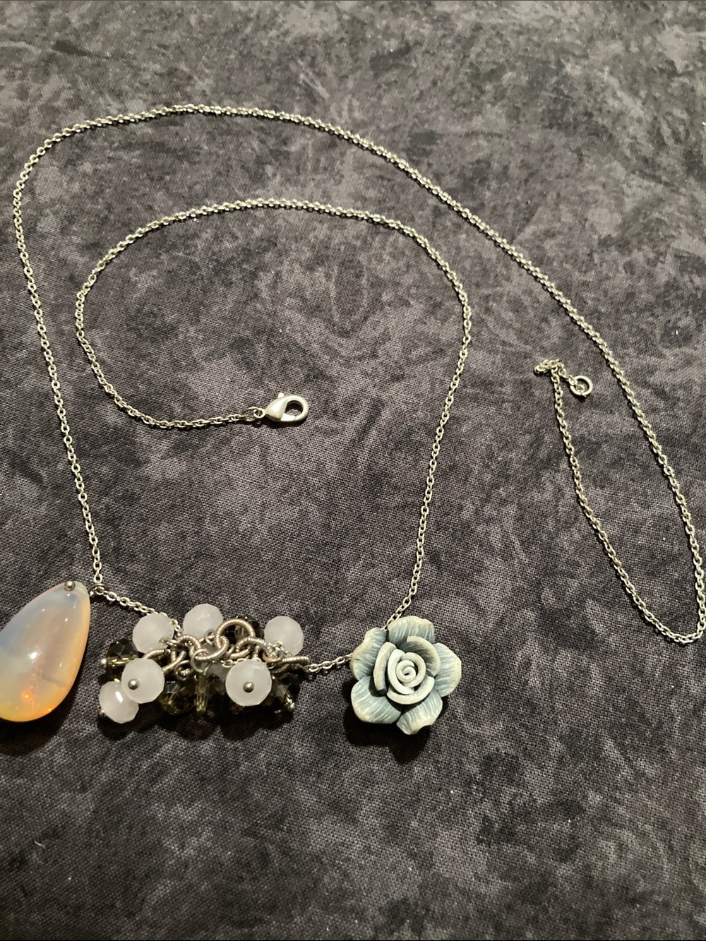 Rose Pendant Necklace with Opalescent Teardrop and Bead Cluster